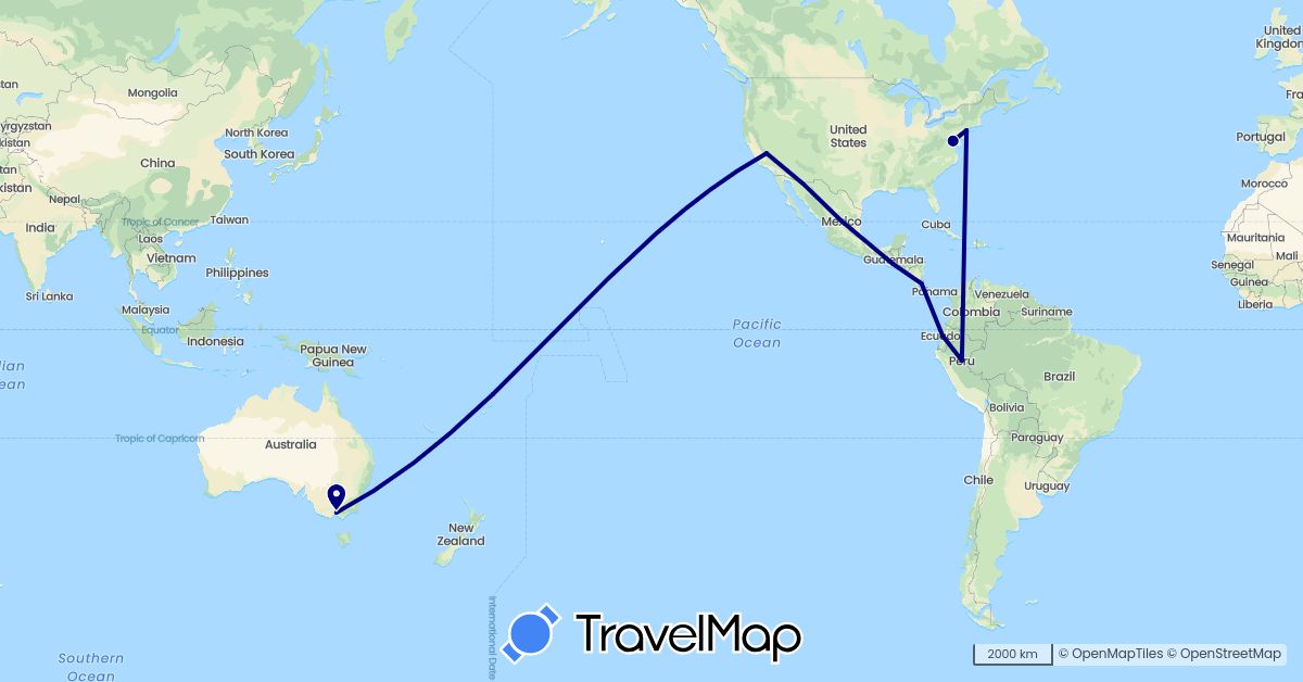 TravelMap itinerary: driving in Australia, Costa Rica, Ecuador, Guatemala, Mexico, Peru, United States (North America, Oceania, South America)